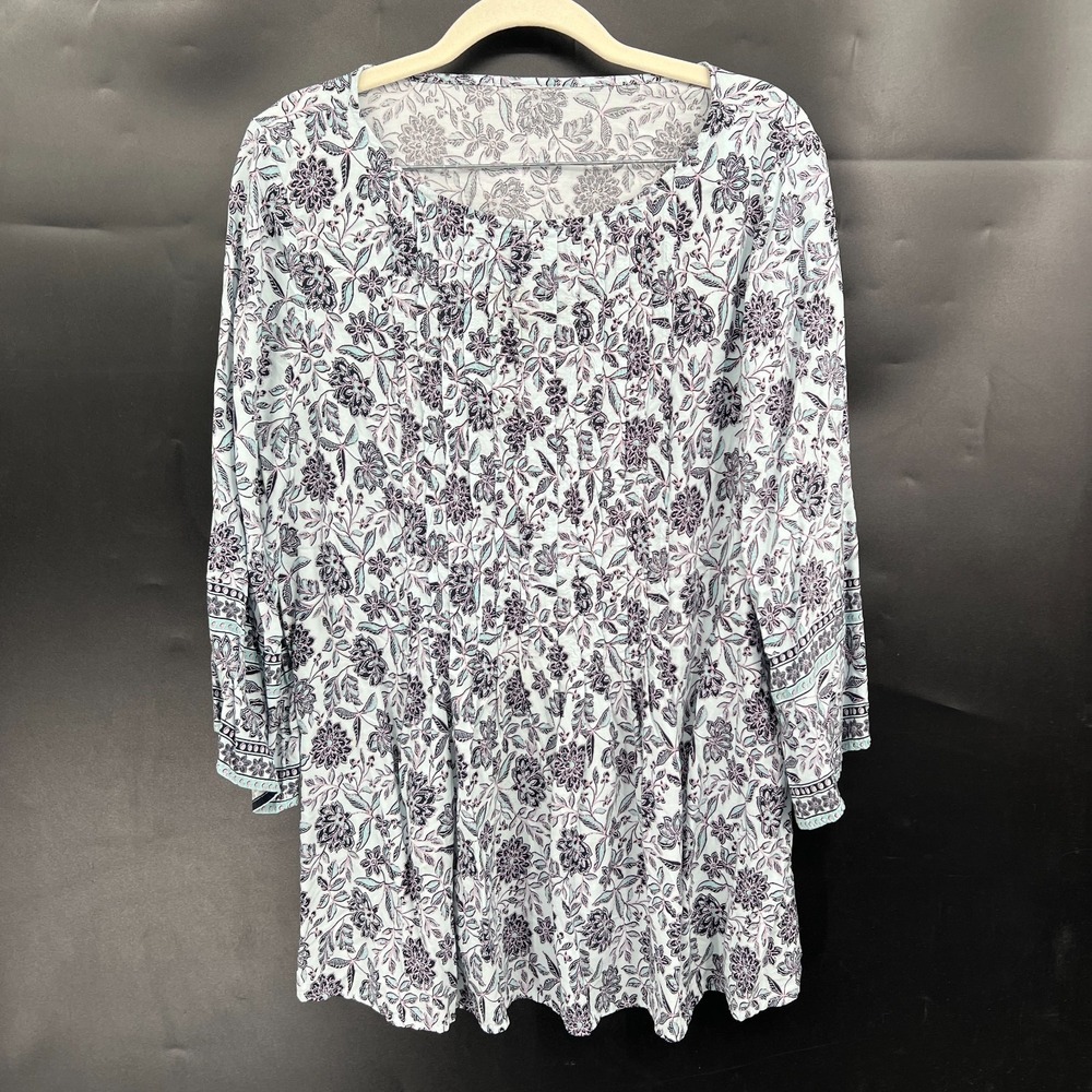 J. Jill pleated front blue floral bell sleeve boho tunic top scandi chic L